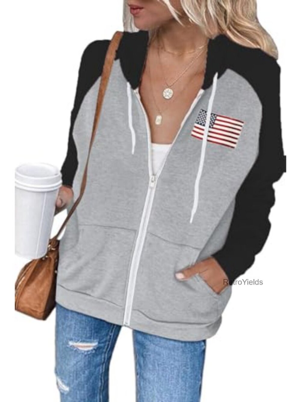 Women's Zip Up Hoodie with American Flag Graphic Cotton Blend Casual Jacket